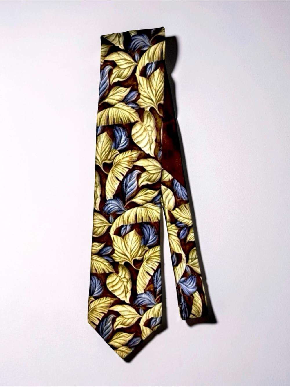 Bijan Tie | Made in Italy | Botanical Leaf Print | Brown Gold Blue | Lux Necktie